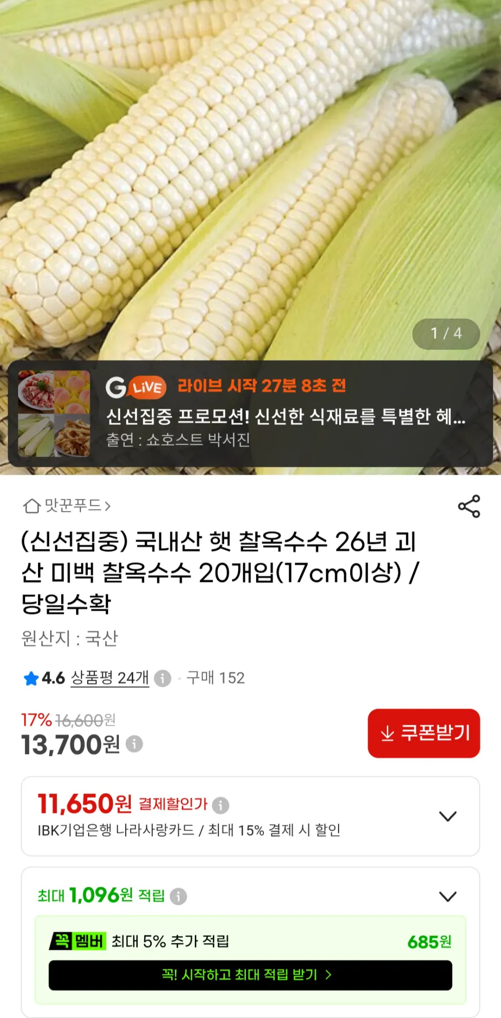 괴산 미백 찰옥수수 20개입