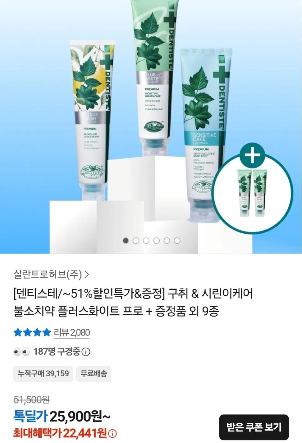 덴티스테 플러스화이트 프로 100g 4개+20g 2개 증정