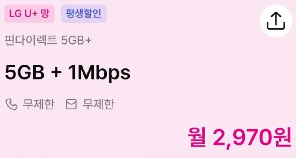 LG망 알뜰폰 5GB+1Mbps 통문무 평생요금제