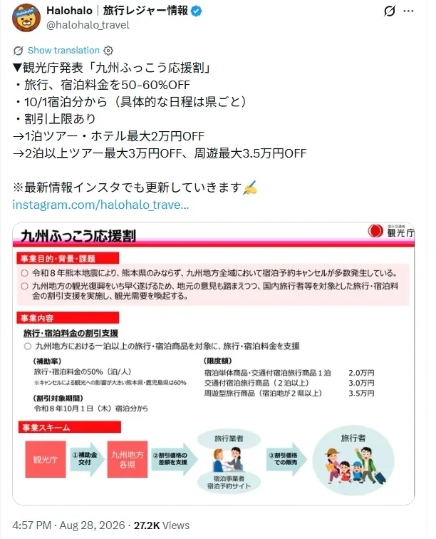 10월 1일부터 규슈지역 여행 할인