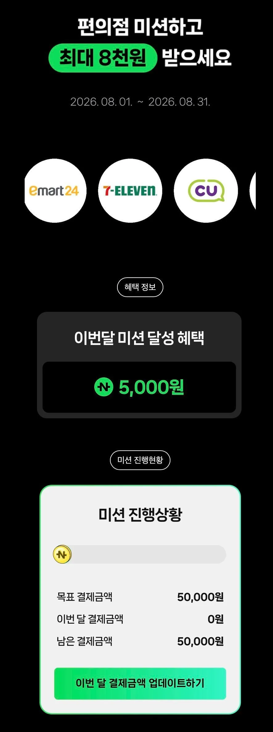 네페 편의점에서 5만원 이상 결제시 5천원 포인트백