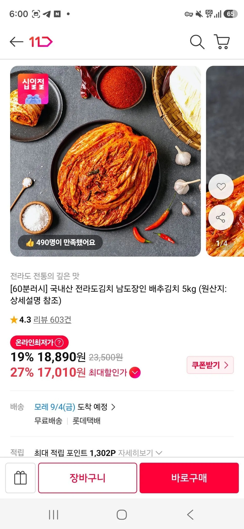 국내산 전라도김치 남도장인 배추김치 5kg