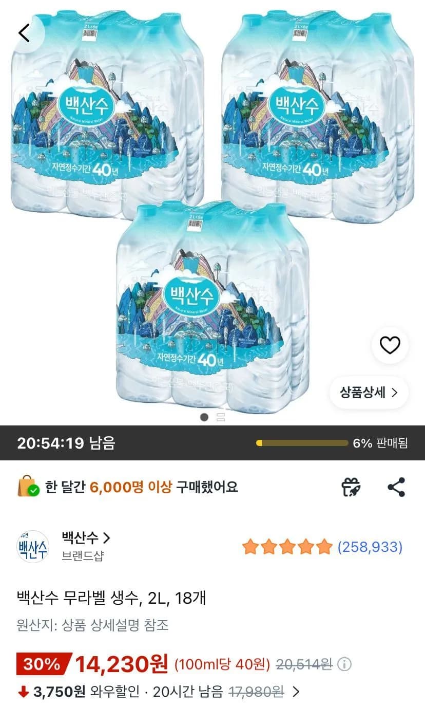 백산수 무라벨 생수 2L 18개