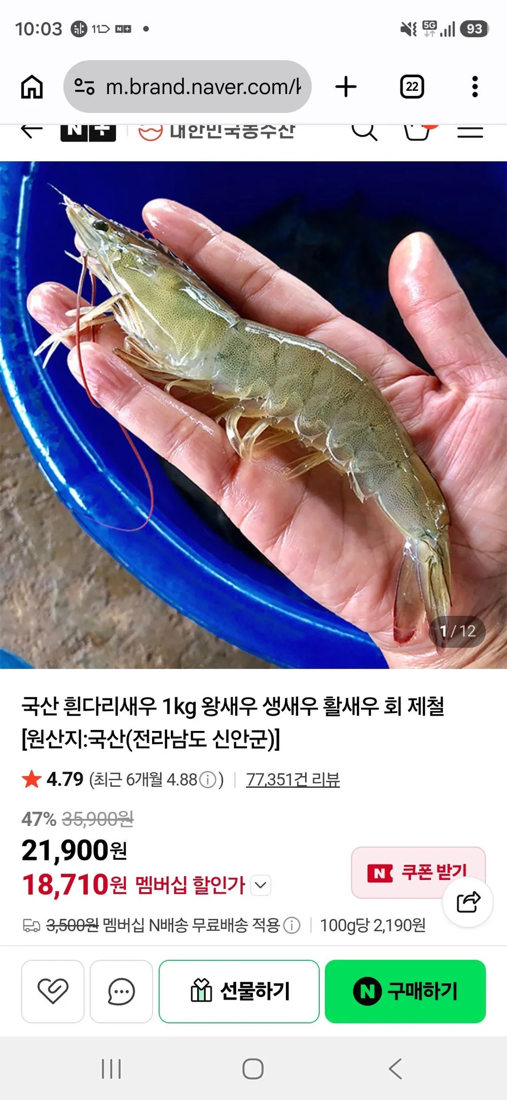 전남 신안군 1kg 왕새우 흰다리새우