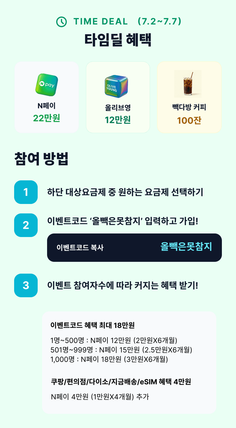 쌀먹 요금제 1GB+1Mbps ( 네이버페이 16만~22만 증정) 월
