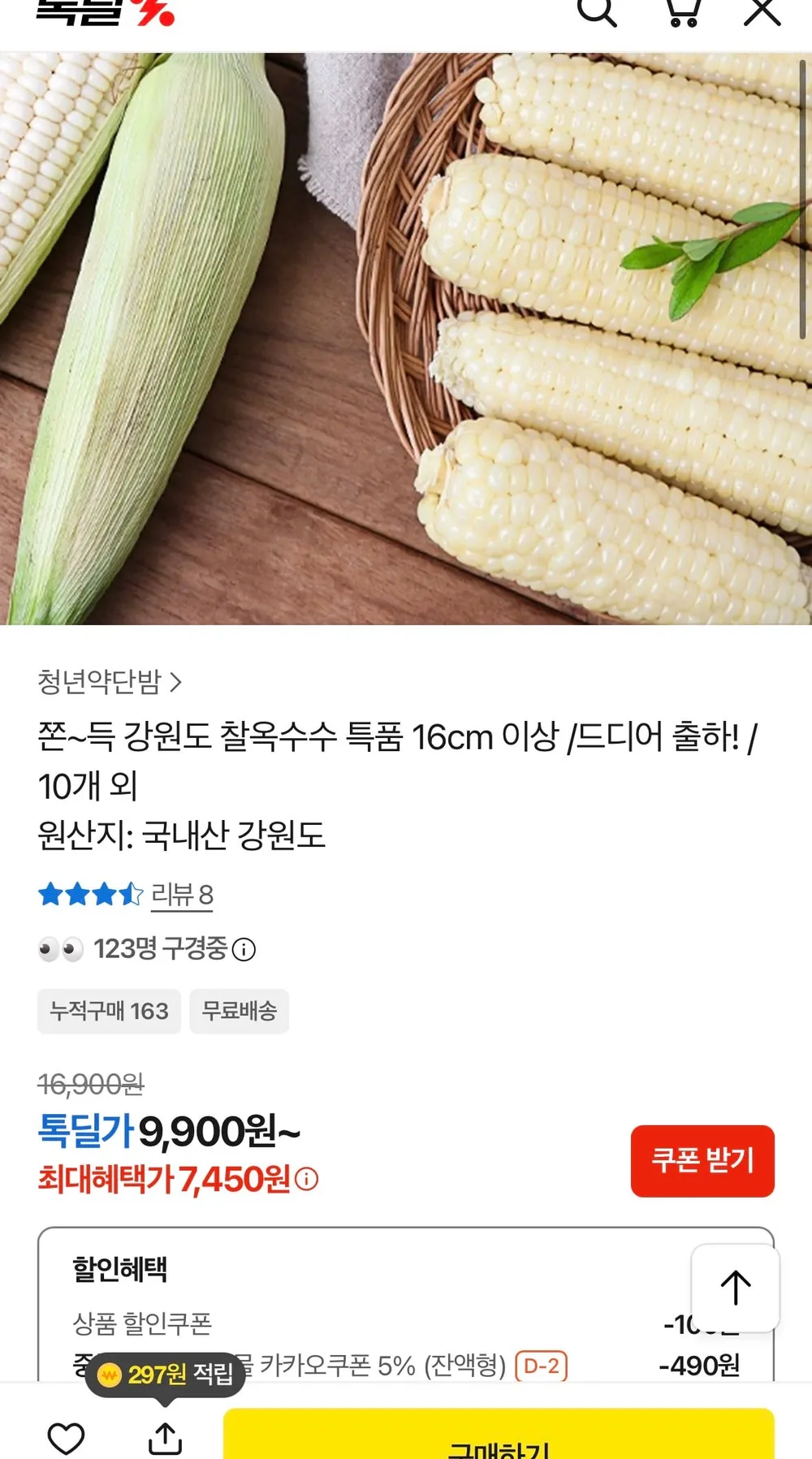 강원도 찰옥수수 16cm 이상 특품 10개