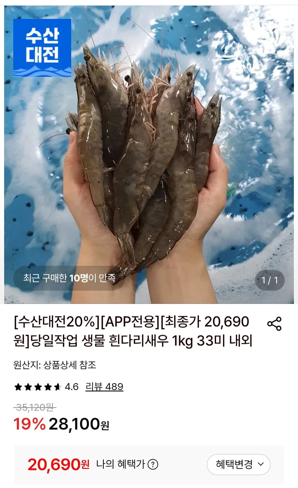 당일작업 생물 흰다리새우 1kg 33미