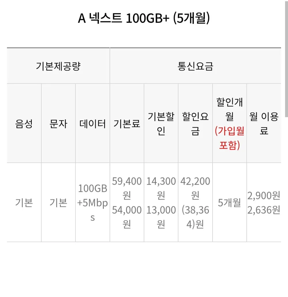 알뜰요금제 100gb + 5mbps SKT망 5개월할인
