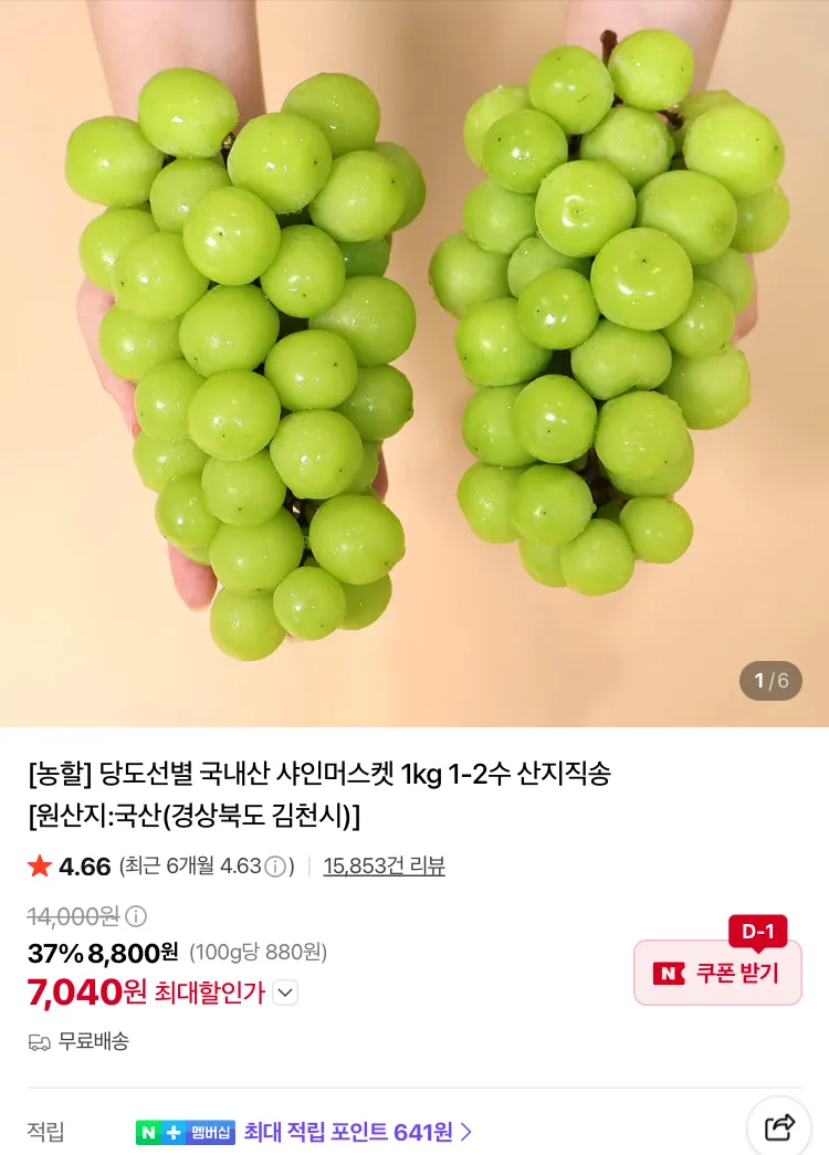 당도선별 국내산 샤인머스켓 1kg 1-2수