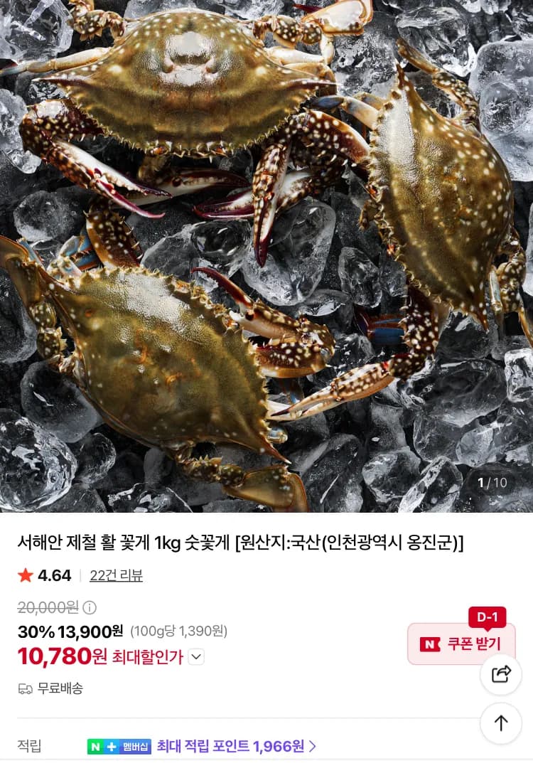 서해안 제철 활 꽃게 1kg