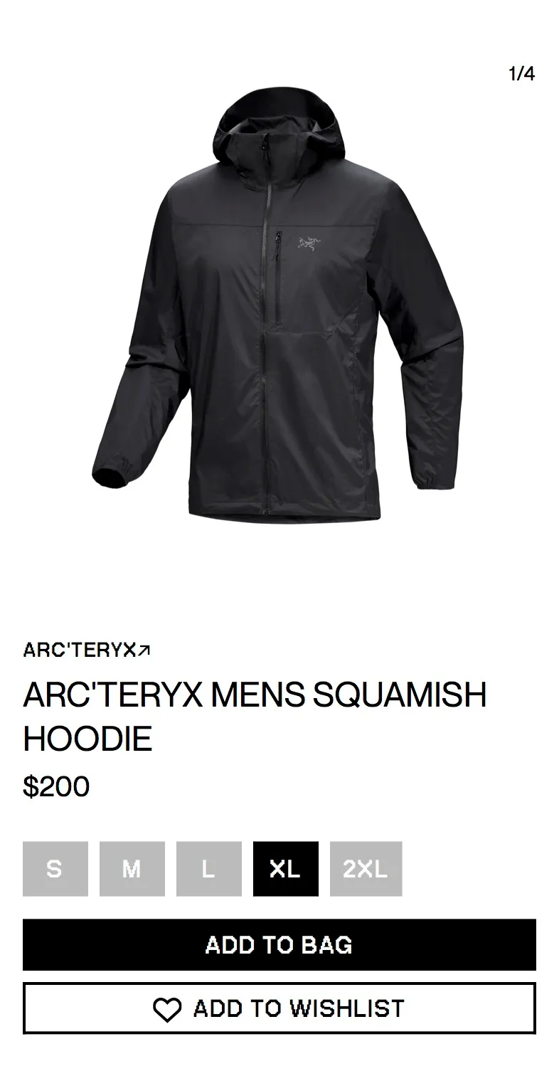 아크테릭스 스쿼미시 블랙 XL $150