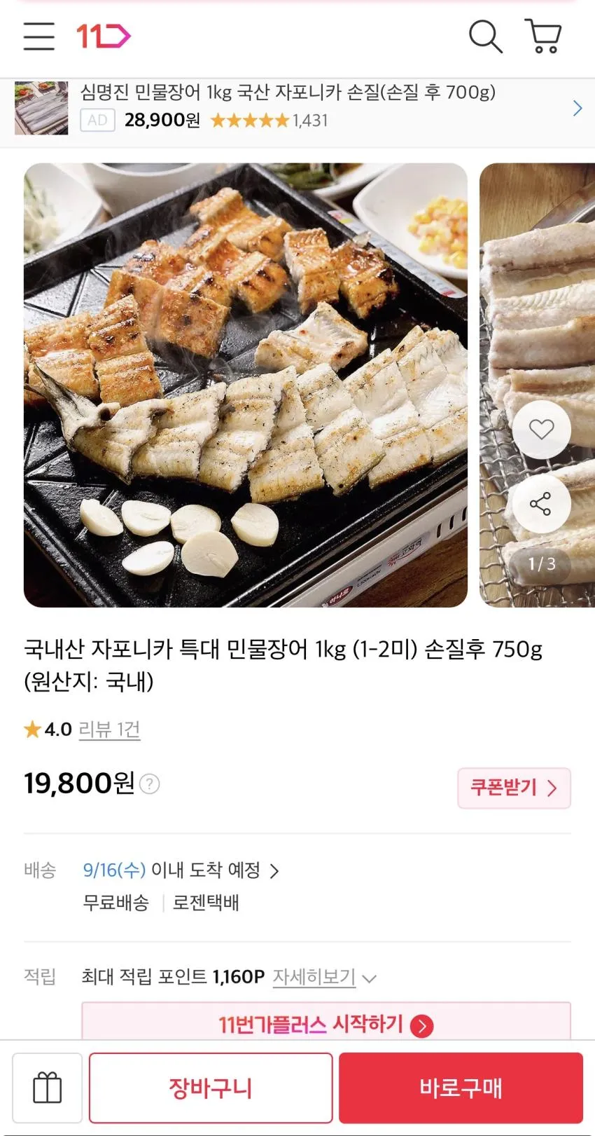 국내산 자포니카 특대 민물장어 750g