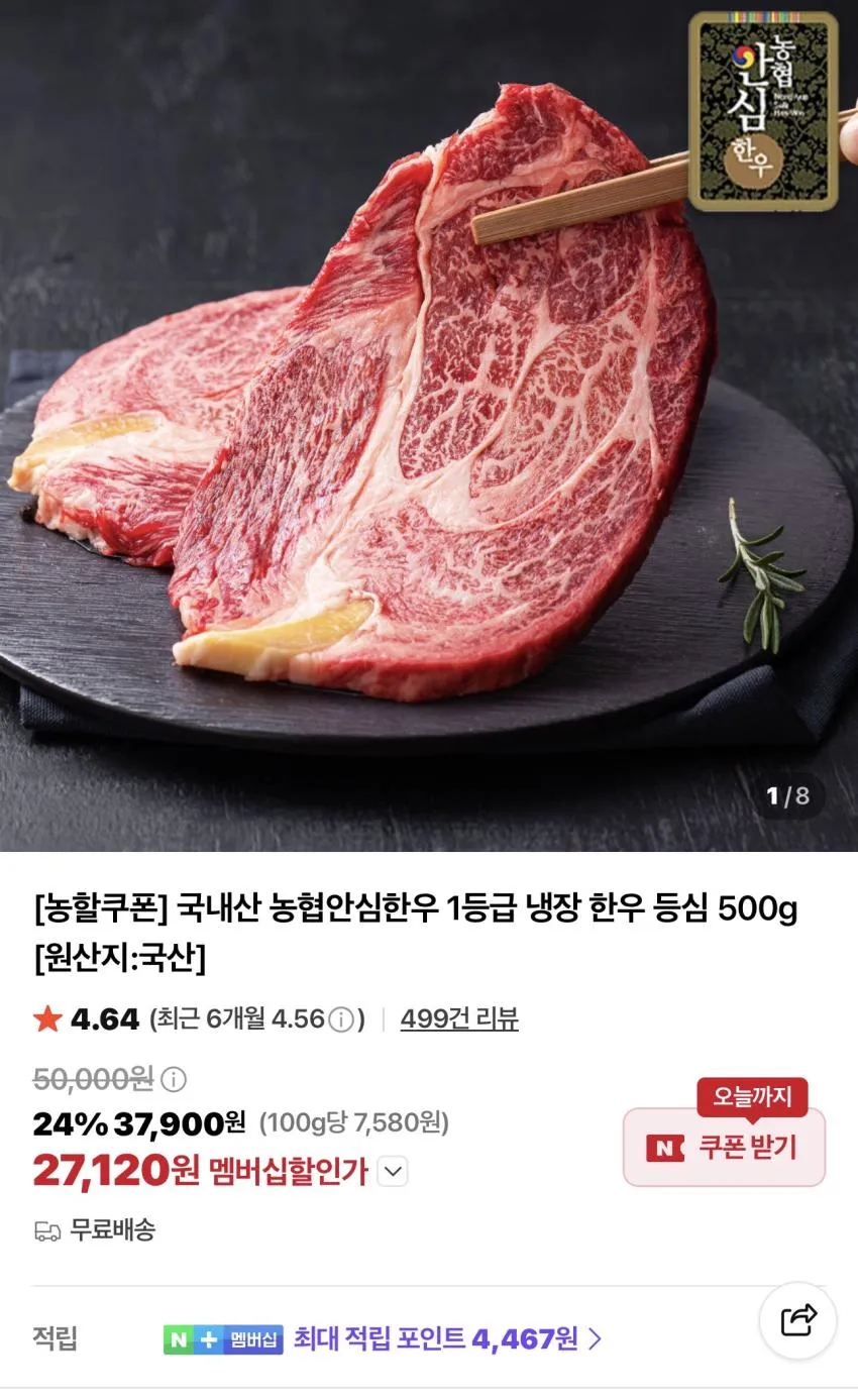 농협안심한우 1등급 냉장 한우 등심 500g