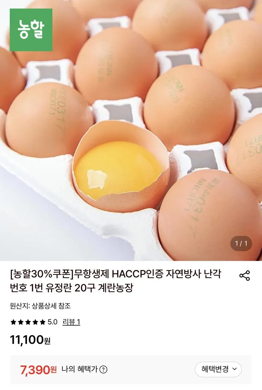 난각번호 1번 유정란 20구