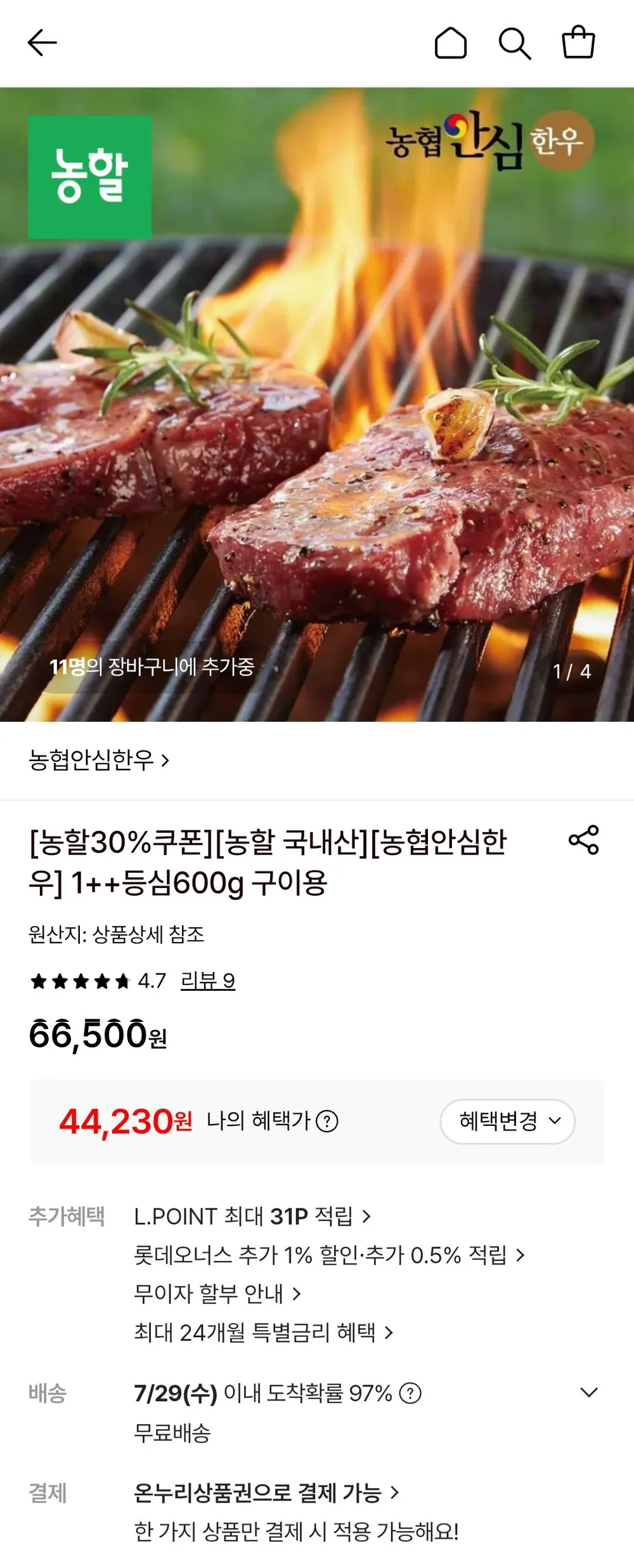 농협안심한우 1++등심 600g 구이용