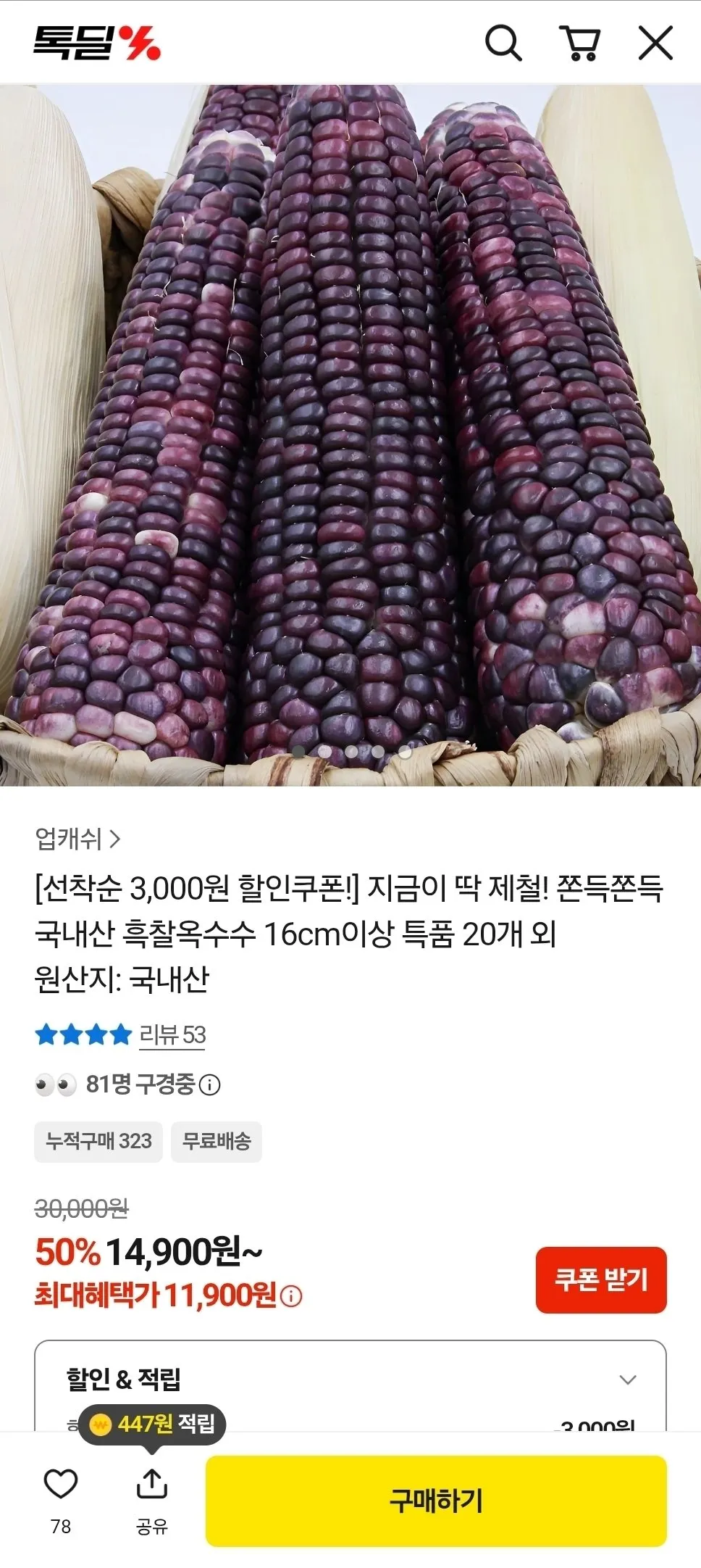 국내산 흑찰옥수수 20개 특품