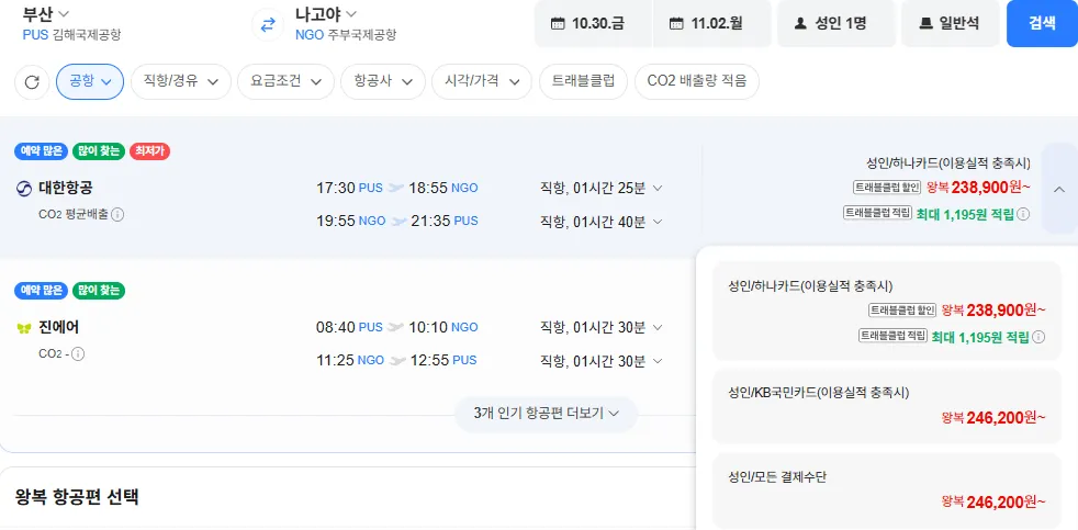 부산-나고야 1030-1102 대한항공