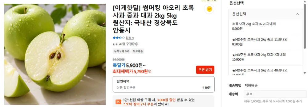 아오리 사과 2kg 소과