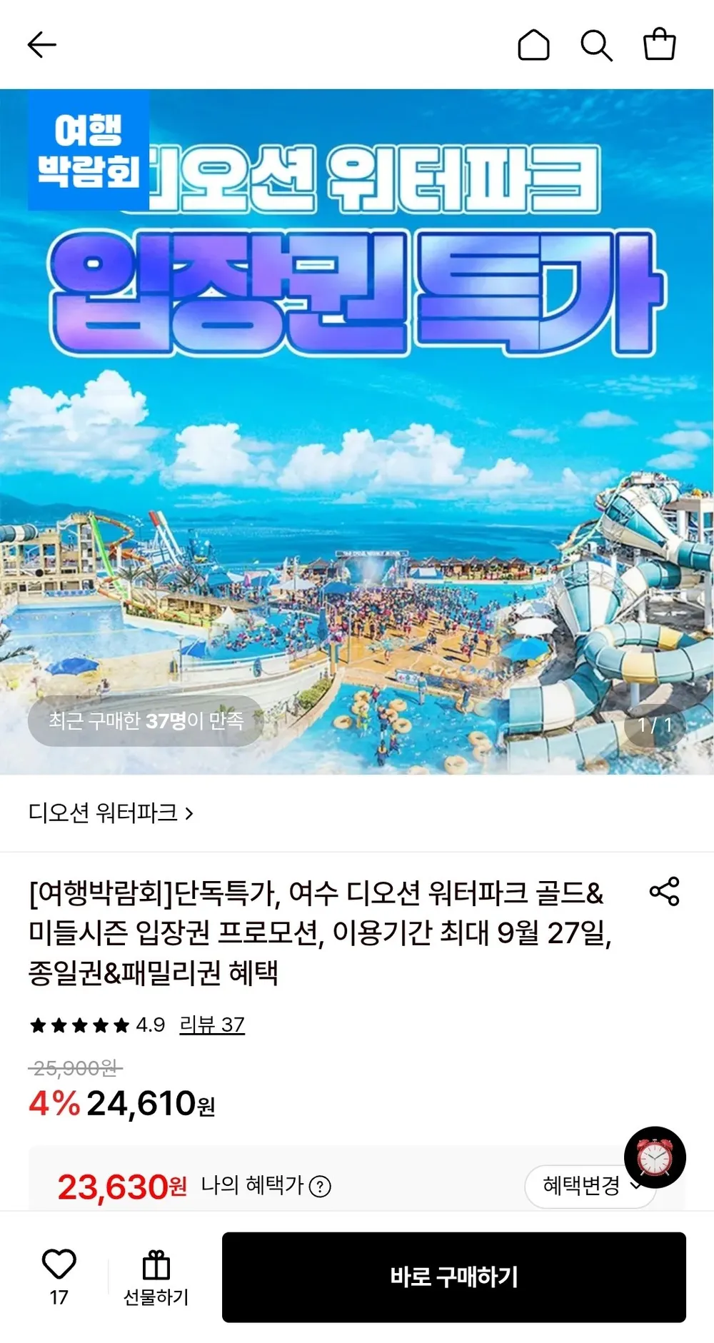 여수 디오션 워터파크 골드&미들시즌 입장권