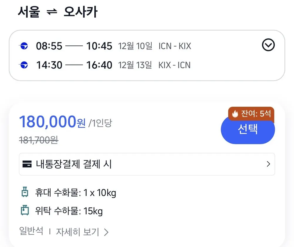 12.10 ~ 12.13 인천 오사카 왕복 항공권