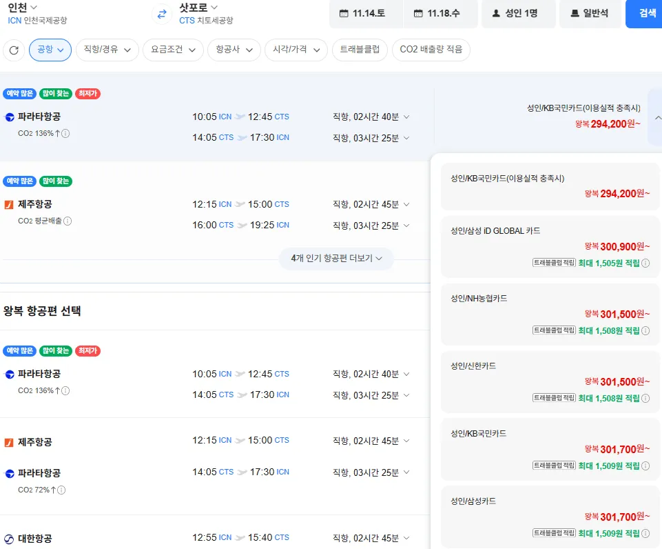 인천-삿포로 1114-1118 농협신한