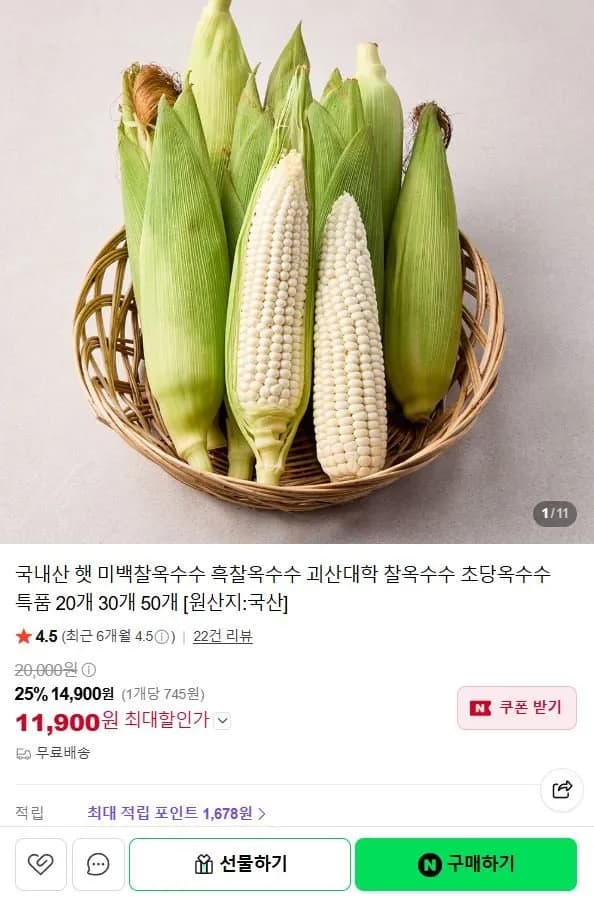 국내산 햇 미백찰옥수수 특품(16cm이상) 20개