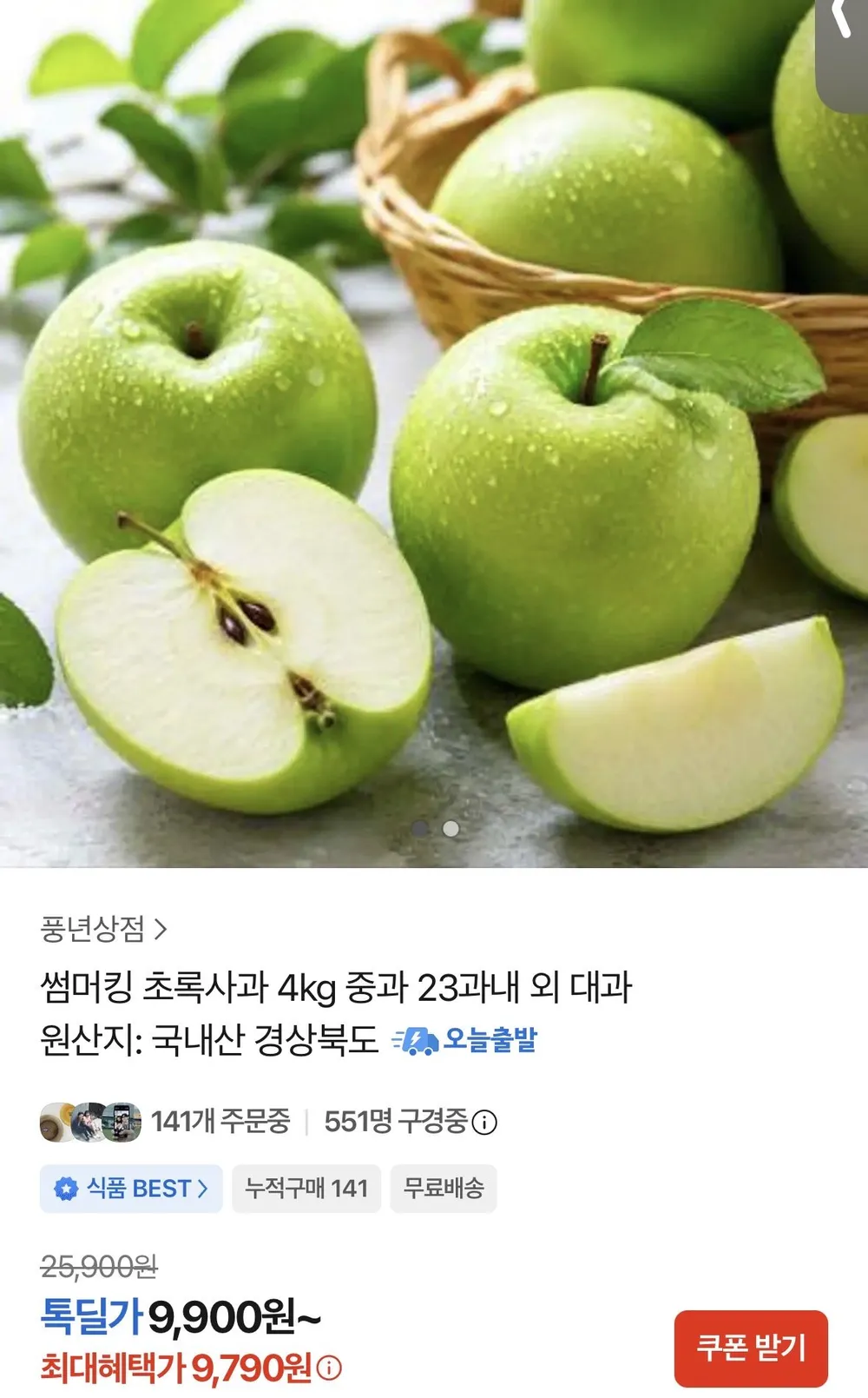 상품명: 썸머킹 초록사과 4kg 중과 23과내 외 대과