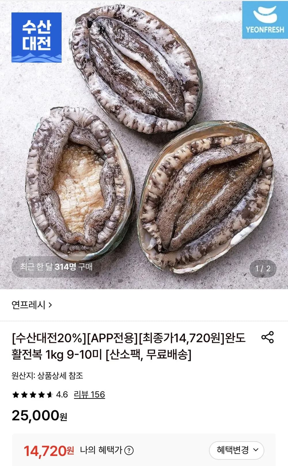 완도 활전복 1kg 9-10미