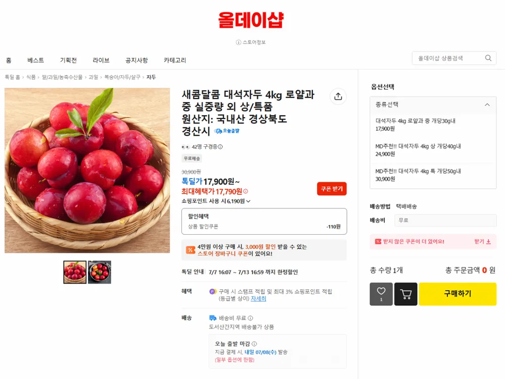 새콤달콤 대석자두 4kg 로얄과 실중량