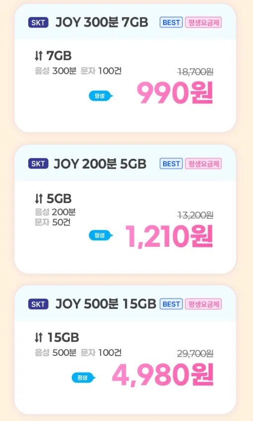 알뜰폰 skt 20기가 100원, 7기가 평생