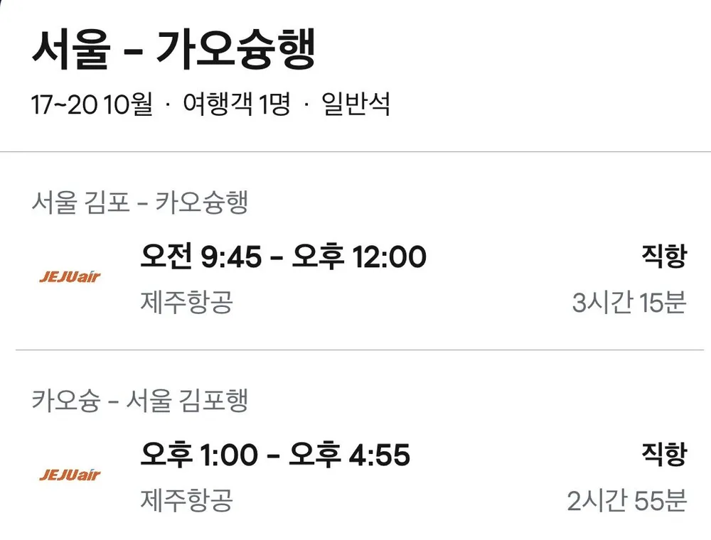 10.17 ~10.20 김포 가오슝 왕복 항공권