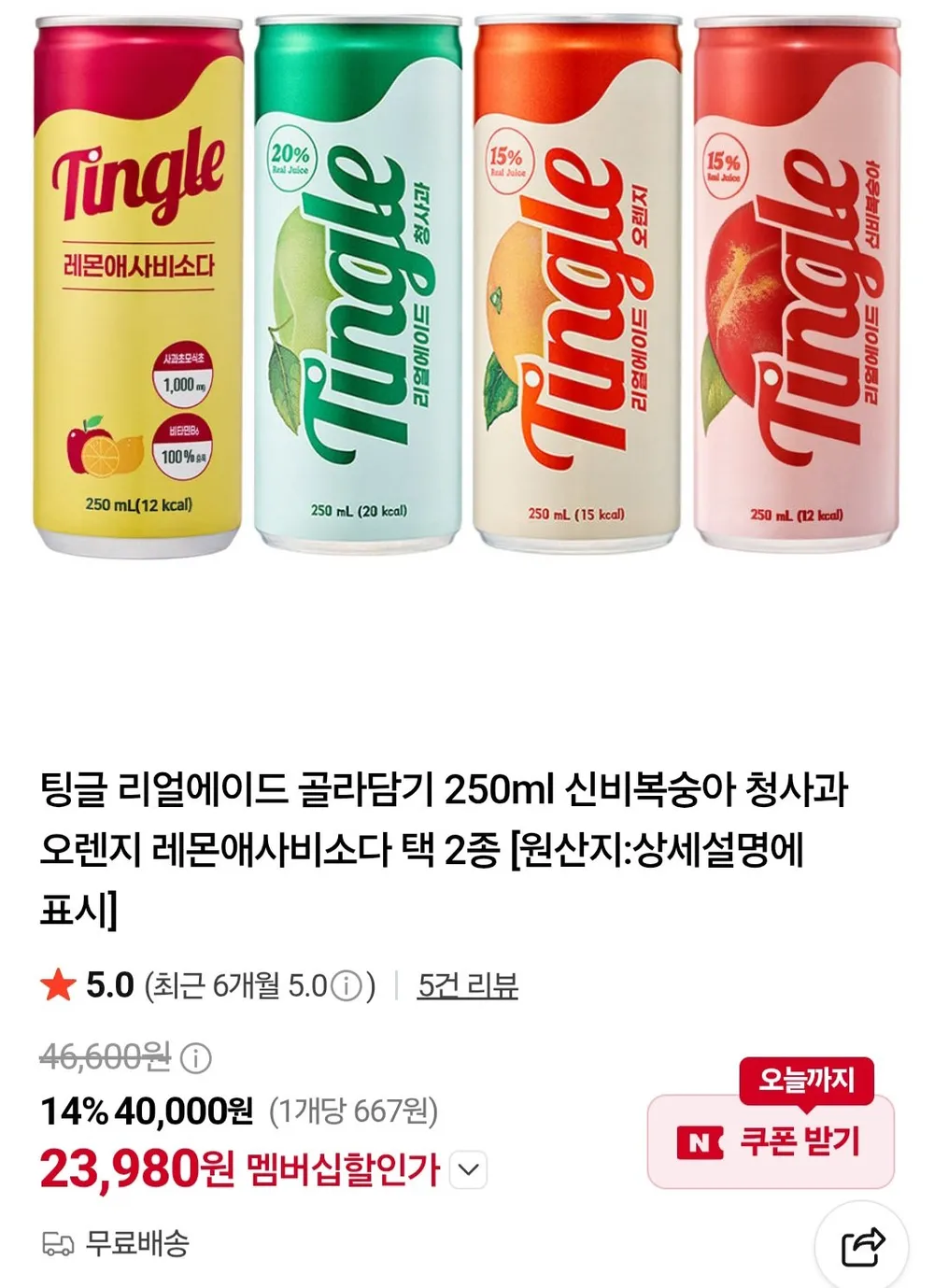 팅글 리얼에이드 골라담기 250ml 신비복숭아 청사과 오렌지 레몬애사비소다 30+30캔