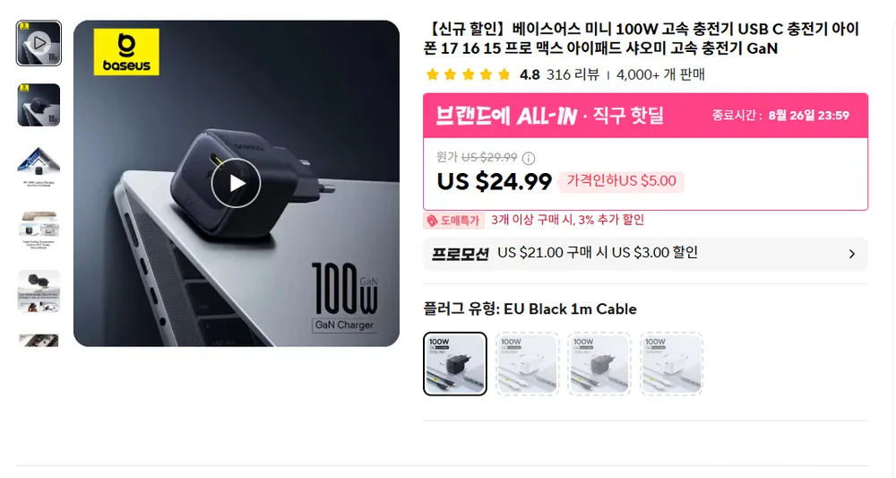 BASEUS 100W 충전기 GAN C타입 1포트