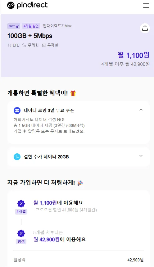 알뜰폰 100기가 5mb skt망 4개월