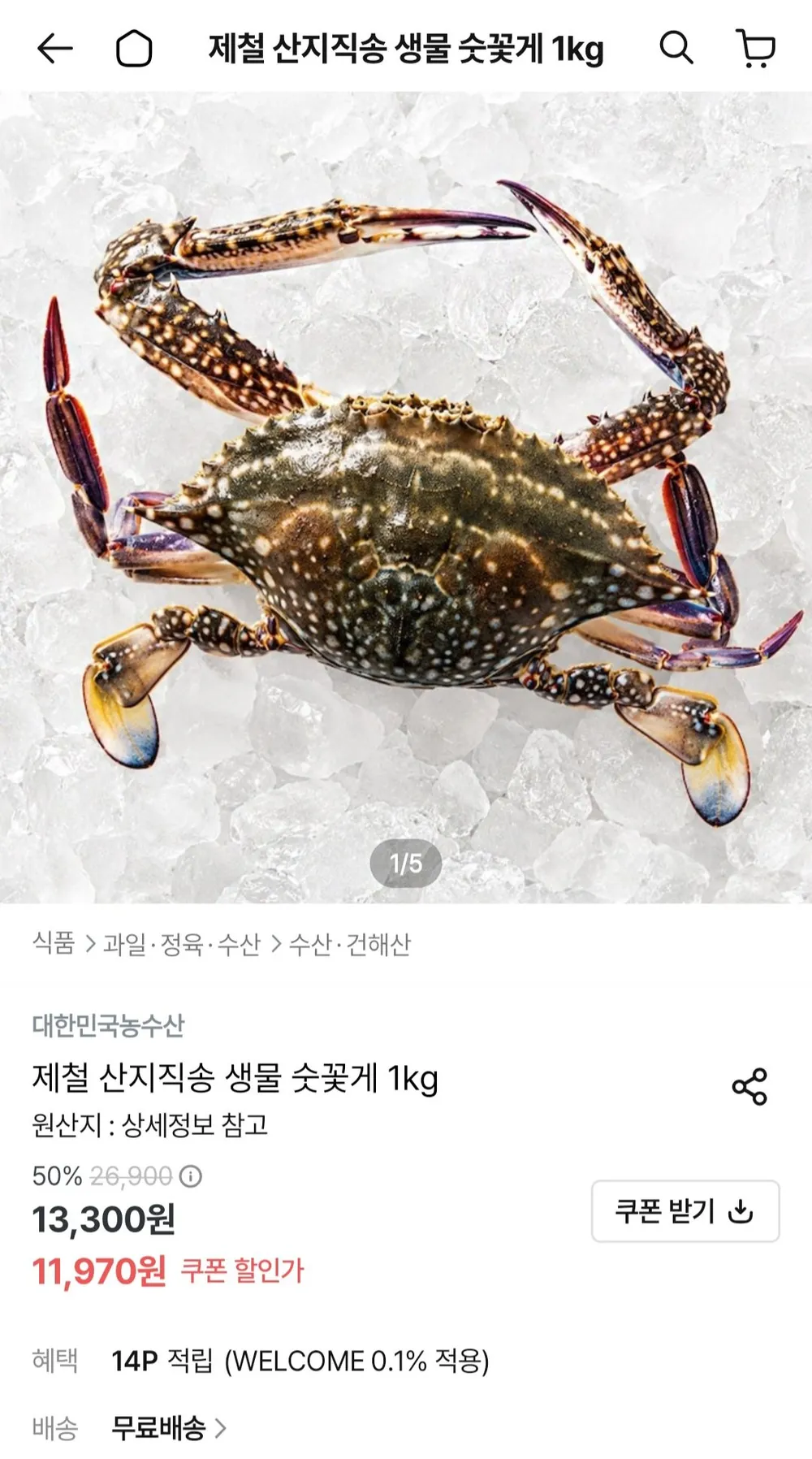 생물 숫꽃게 1kg 3-5미