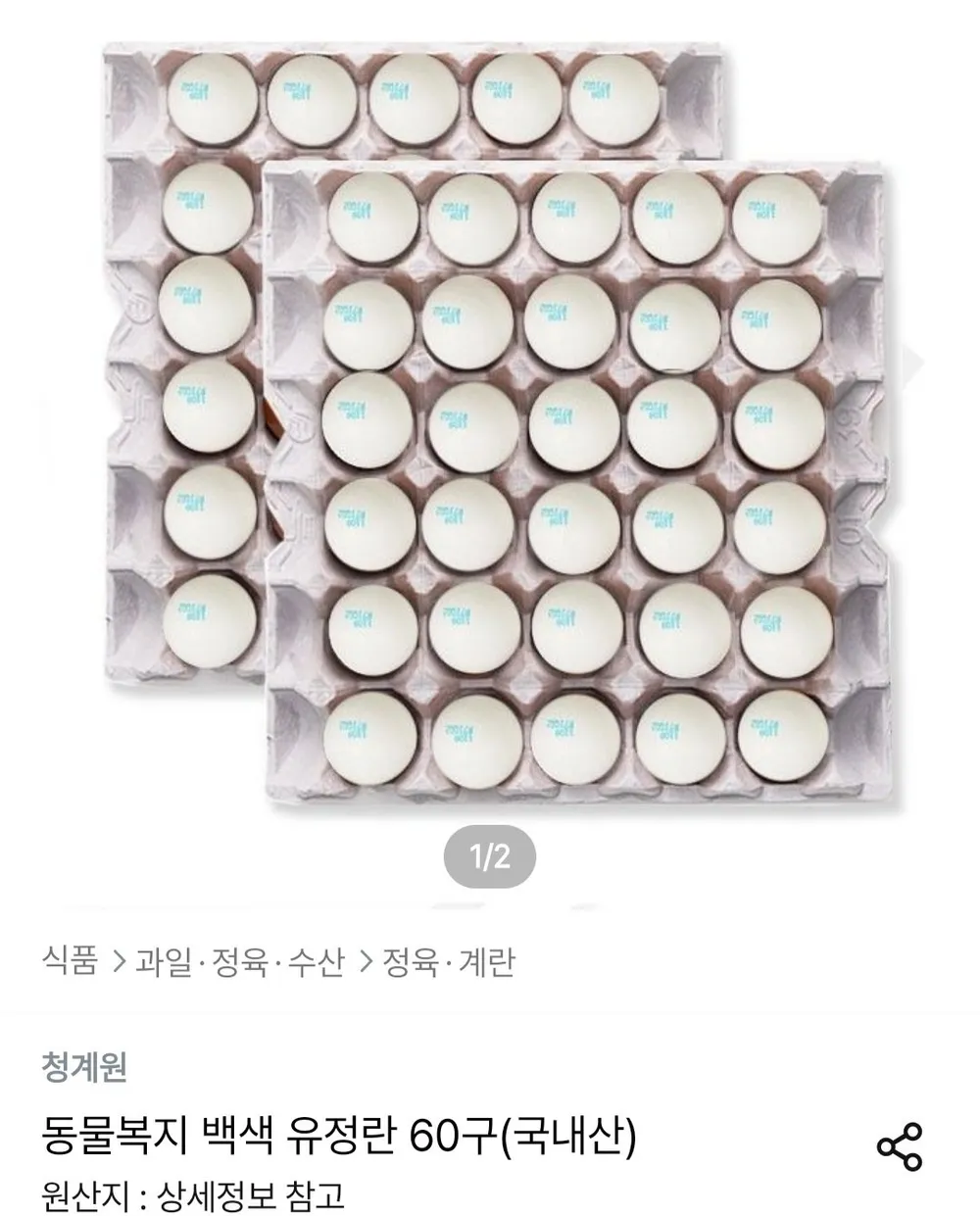 국내산 동물복지 백색 유정란 60구