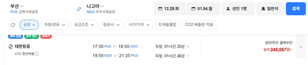 부산-나고야 1229-0104 대한항공