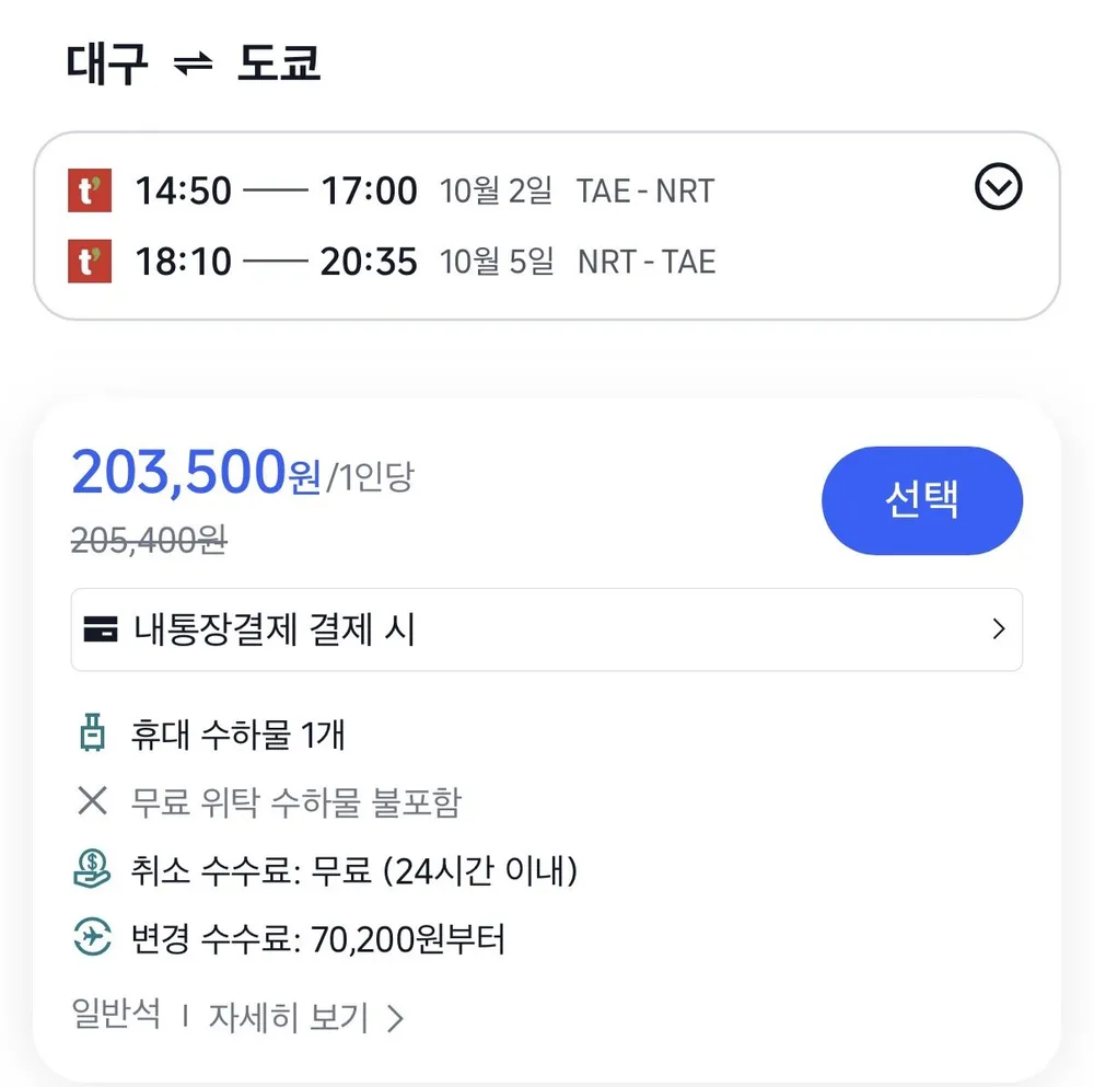 10.02 ~ 10.05 대구 도쿄 왕복 항공권