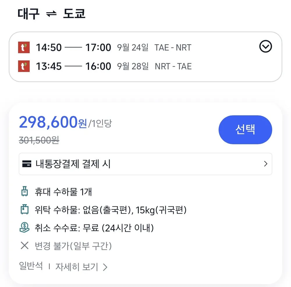 09.24 ~ 09.28 대구 도쿄 왕복 항공권