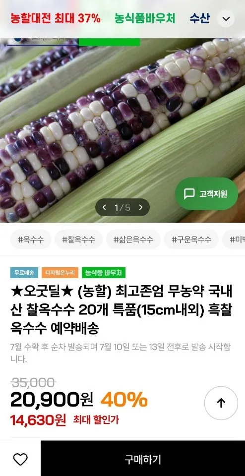 국내산 흑찰 찰옥수수 20개 특품