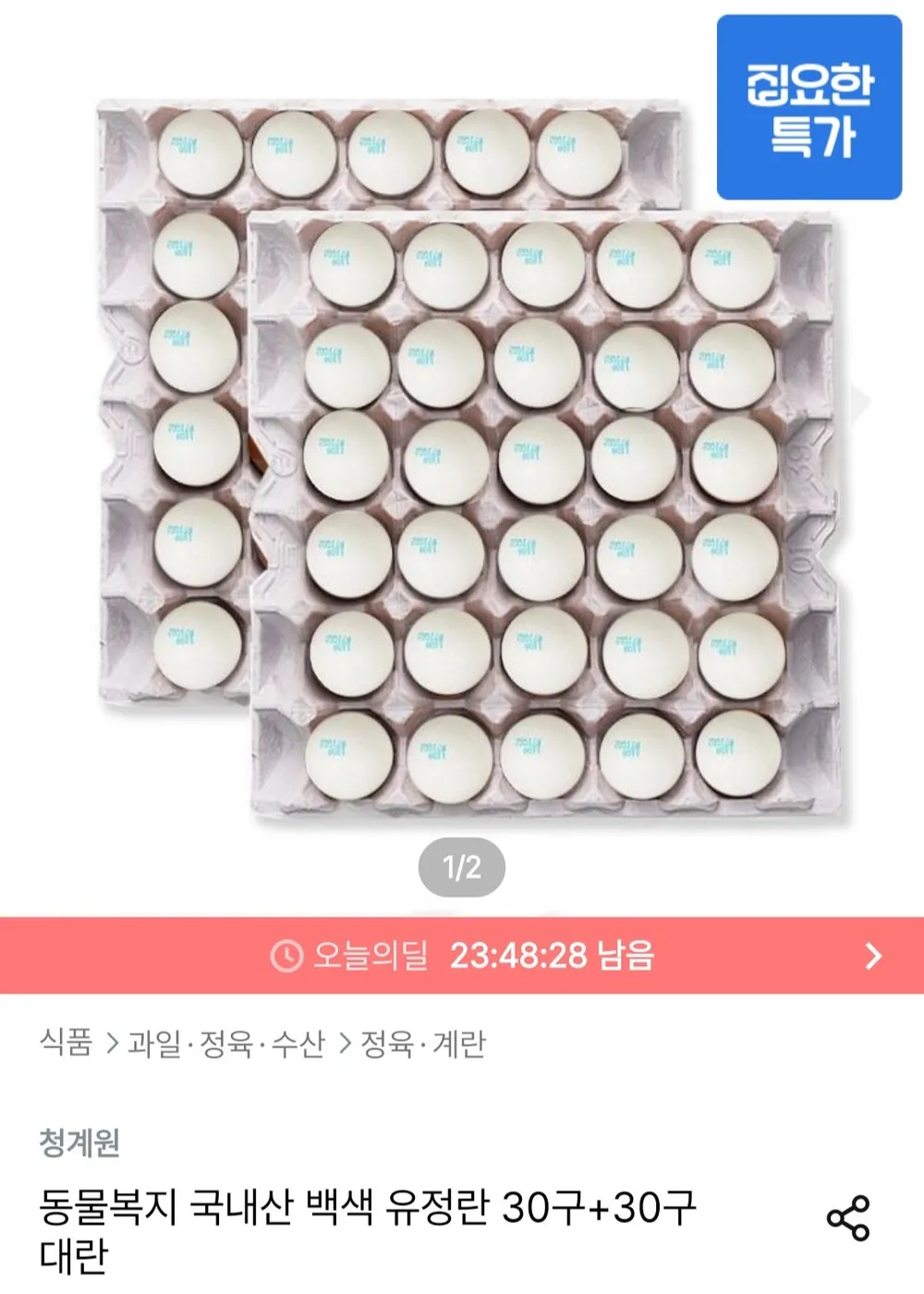 동물복지 국내산 백색 유정란 30구+30구 대란