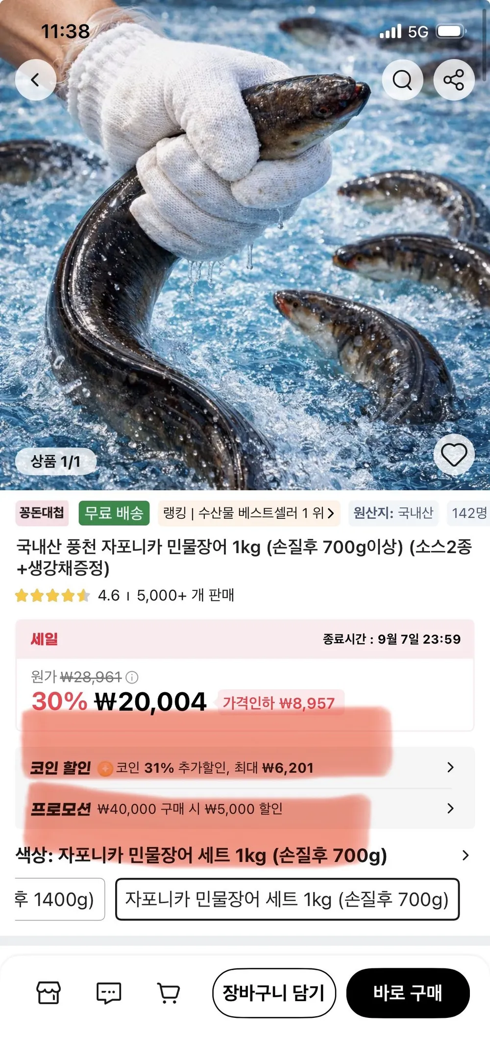코인딜) 국산 자포니카 민물장어 손질 후 700g 2팩