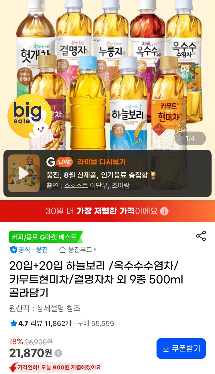 20입+20입 하늘보리 /옥수수수염차/카무트현미차/결명자차 외 9종 500ml