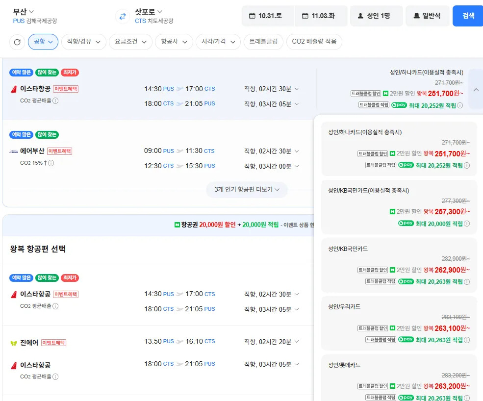 부산-삿포로 1031-1103 국민카드