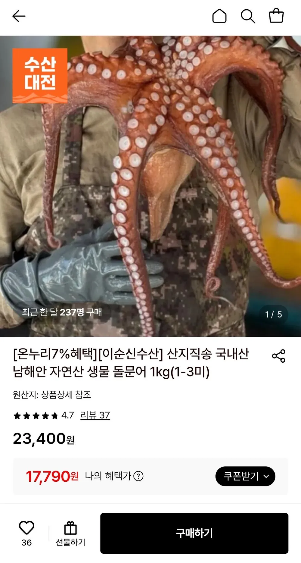 산지직송 국내산 남해안 자연산 생물 돌문어 1kg