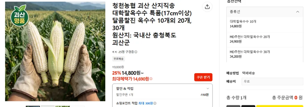 청천농협 괴산 대학찰옥수수 10개입