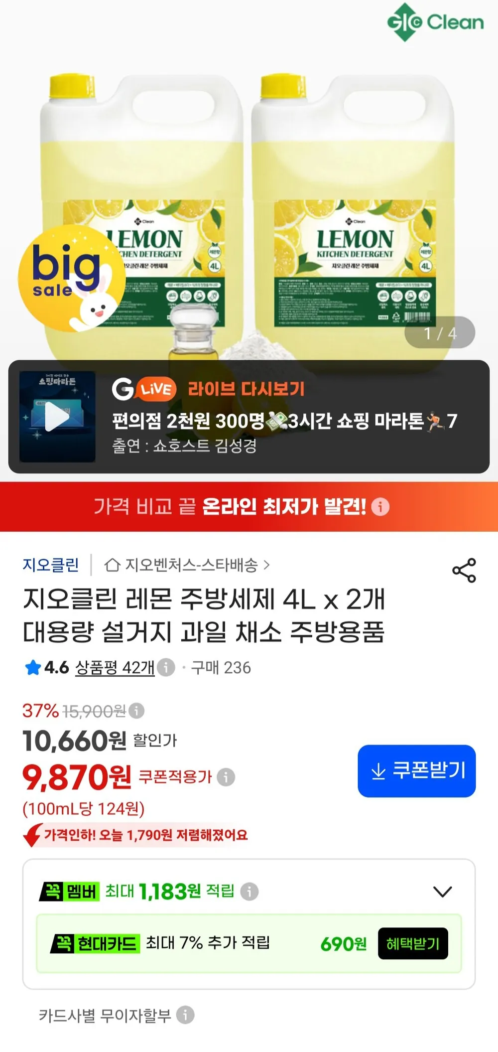 지오클린 레몬 주방세제 4L x 2개