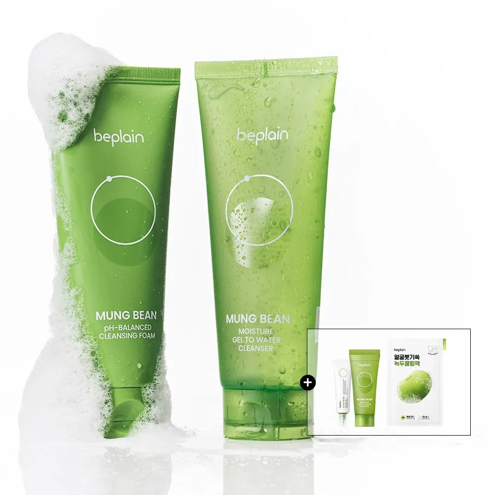 비플레인 녹두 수분 젤 투 워터 클렌저+클렌징폼 듀오 170ml+160ml