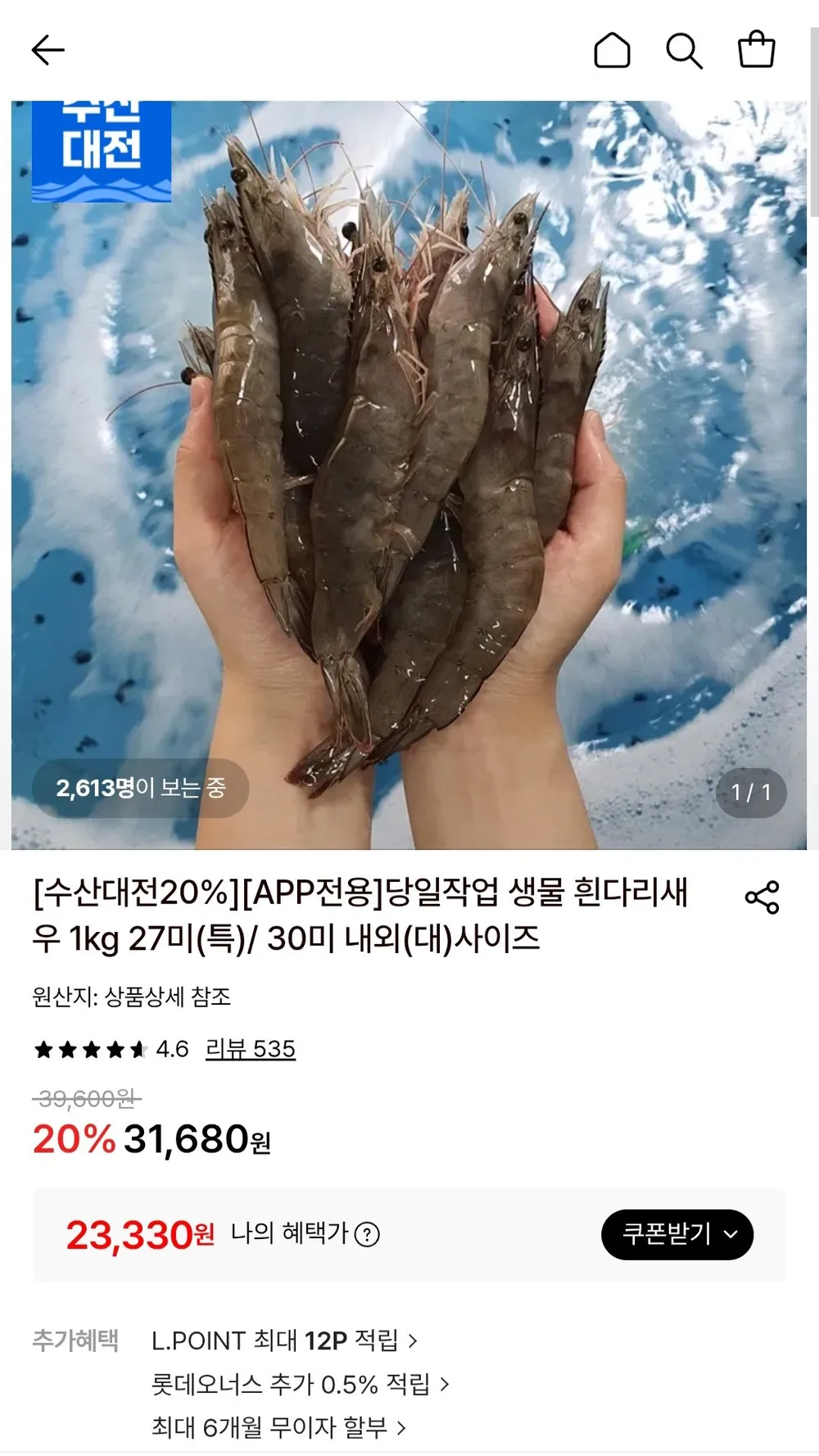 생물 흰다리새우 1kg 27미