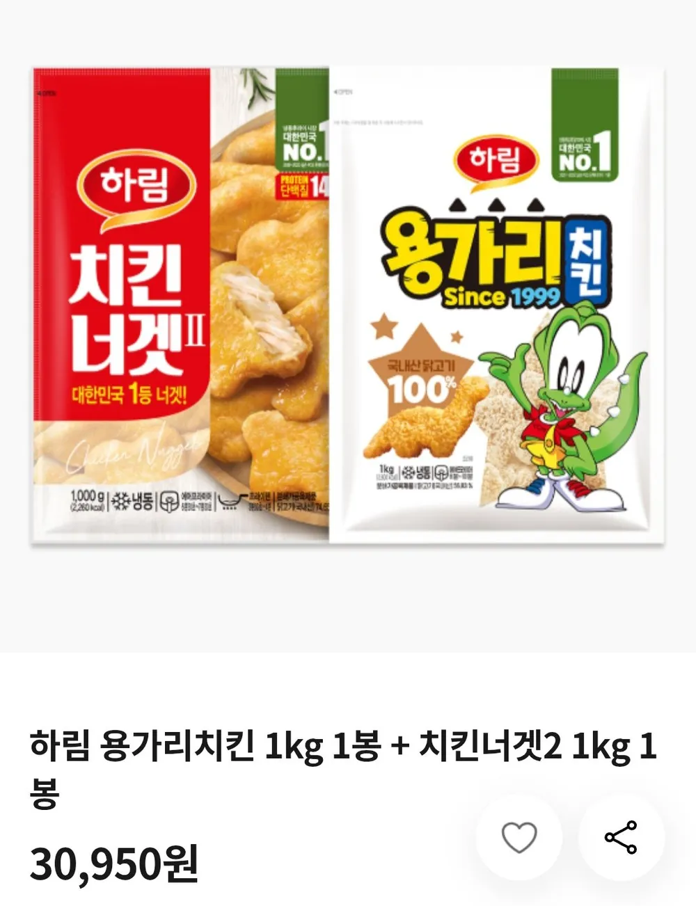 하림 용가리치킨 1kg 1봉 + 치킨너겟2 1kg 1봉 페이코
